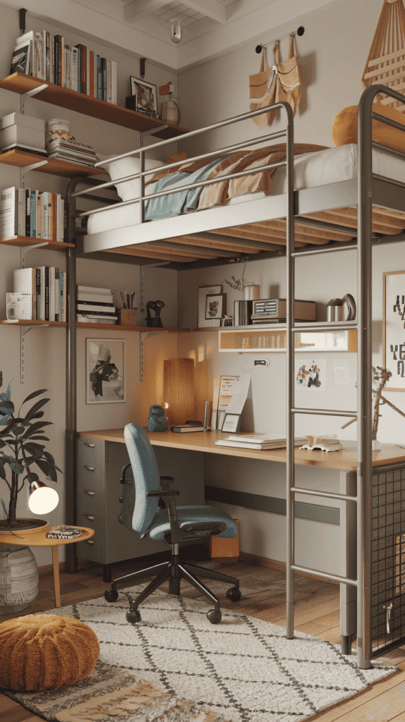 A cozy teen bedroom featuring a bed, desk, storage cabinets, and warm wood tones.