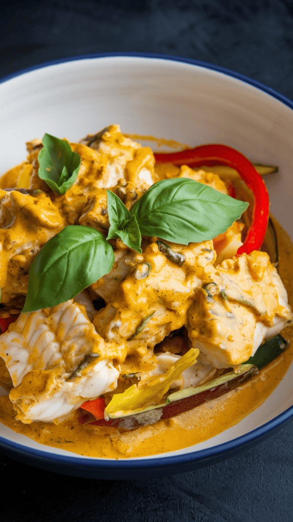 Delicious Panang Curry Barramundi served with rice and garnished with lime and cilantro.