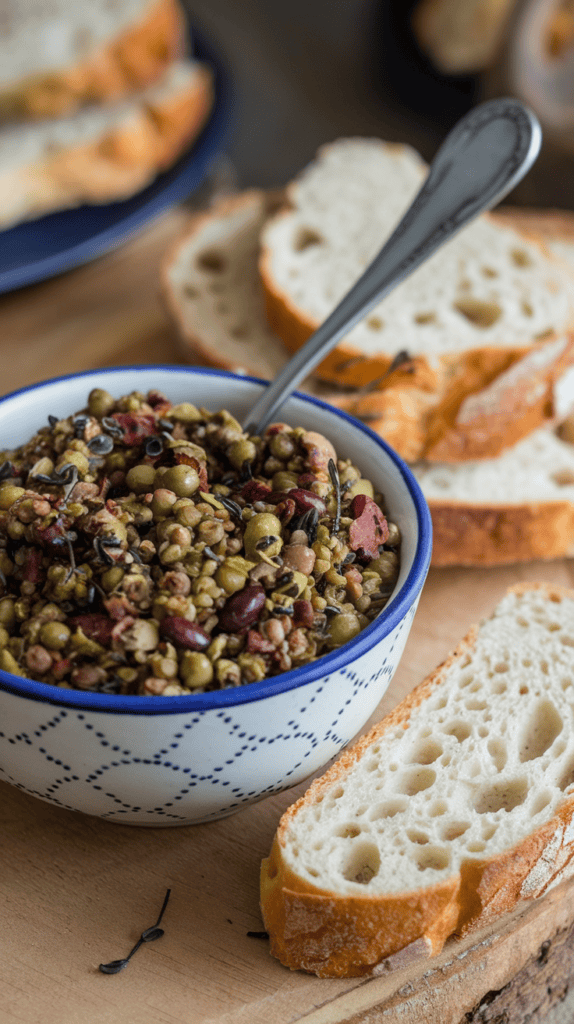 Lentil and Olive Tapenade spread on bread slices