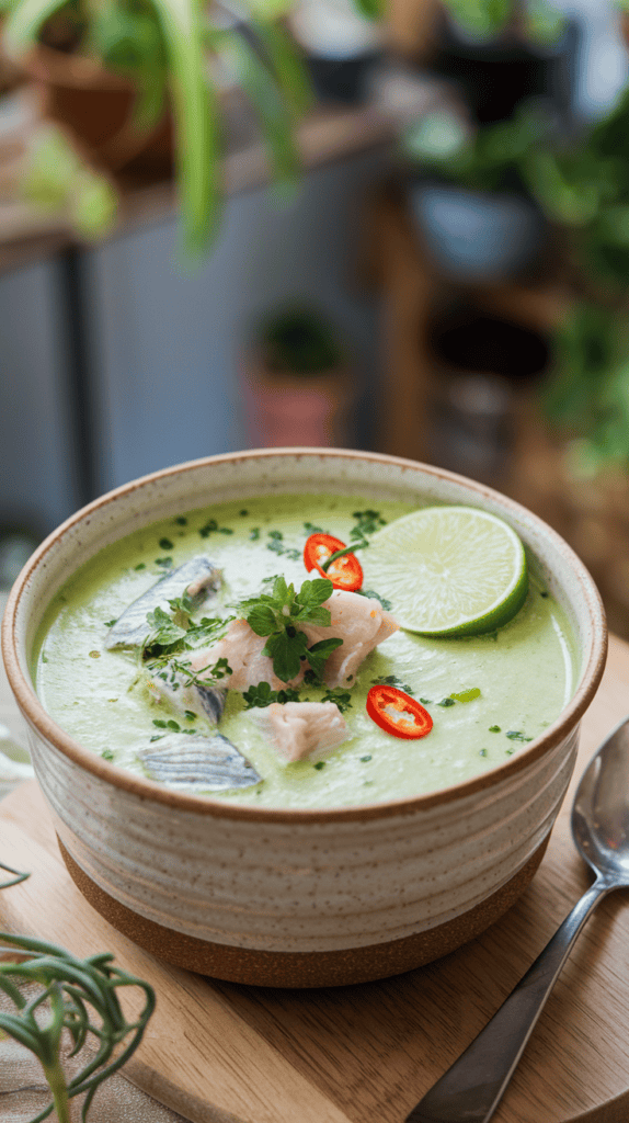 A bowl of Thai green curry fish with fresh basil and lime