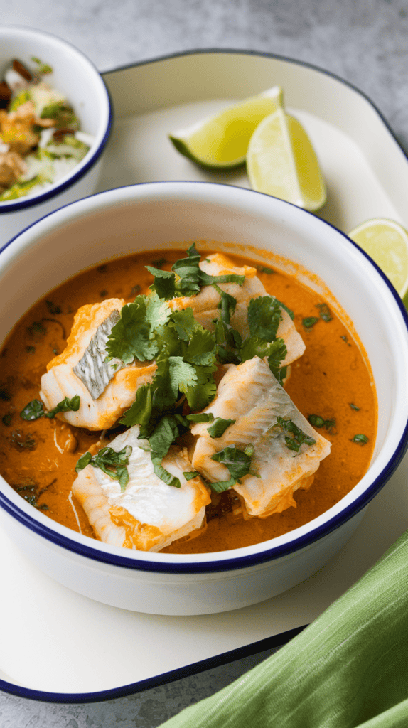 A steaming bowl of Massaman curry fish stew with herbs