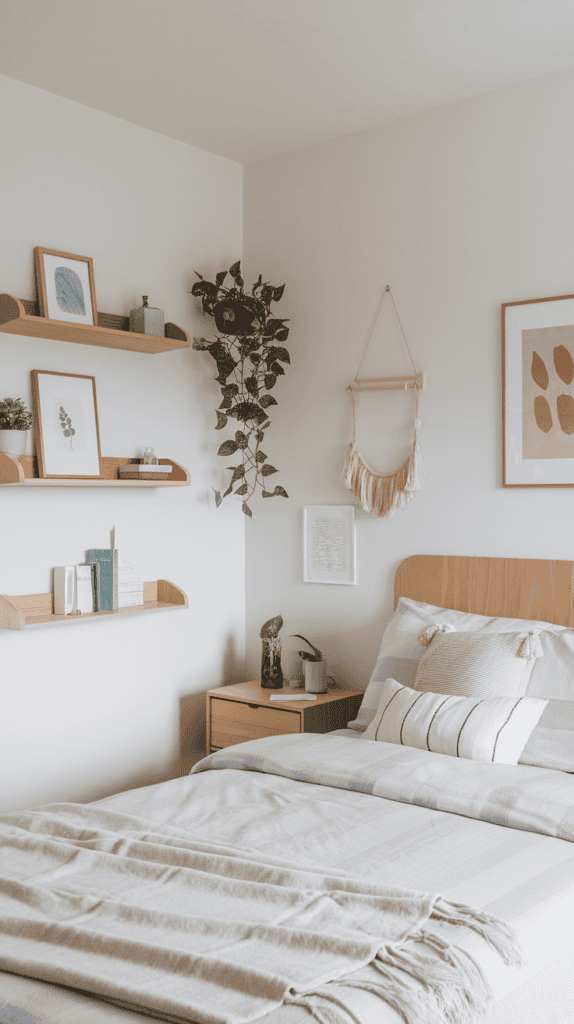 A cozy minimalist bedroom featuring a bed, desk, and natural light