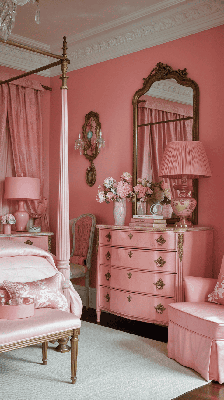 An antique pink dresser with a matching ornate mirror, showcasing intricate carvings and floral designs.
