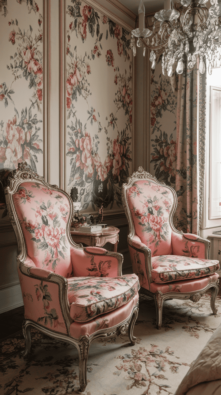 Chic Rococo accent chairs in a pink-themed bedroom with gold accents and side table.
