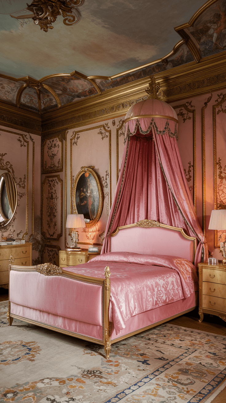 Luxurious silk canopy bed in a pink-themed bedroom with a vintage dresser and ornate mirror.