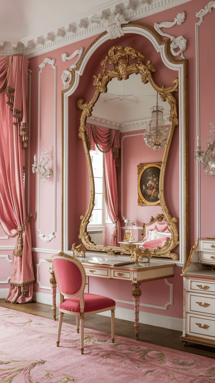 A vintage Rococo mirror with an ornate gold frame reflecting a pink bedroom with a four-poster bed and elegant decor.