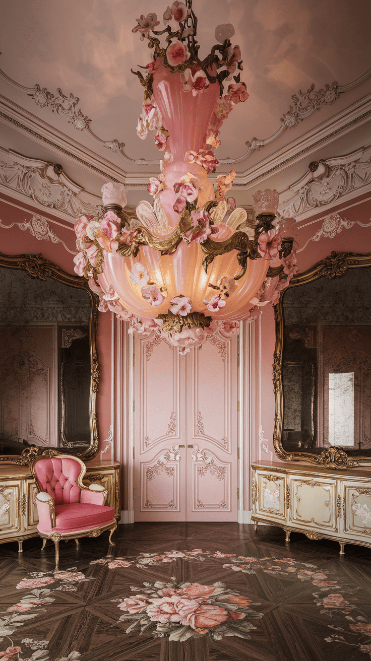 A whimsical Rococo bedroom featuring a pink chandelier, pink curtains, and a pink canopy bed.