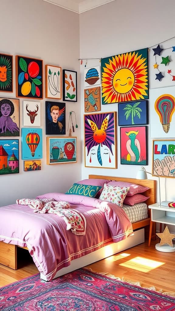 A cozy teen bedroom displaying colorful artwork on walls, a pink bedspread, and warm wooden furniture.