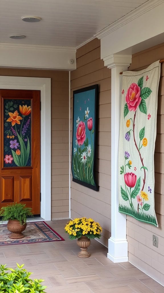 A front porch decorated with vibrant floral wall hangings and a potted plant.