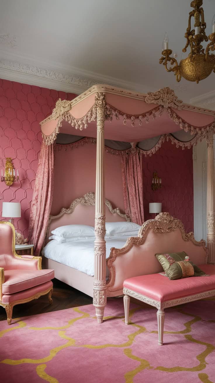 A baroque-style pink bedroom featuring a four-poster bed and elegant furnishings.