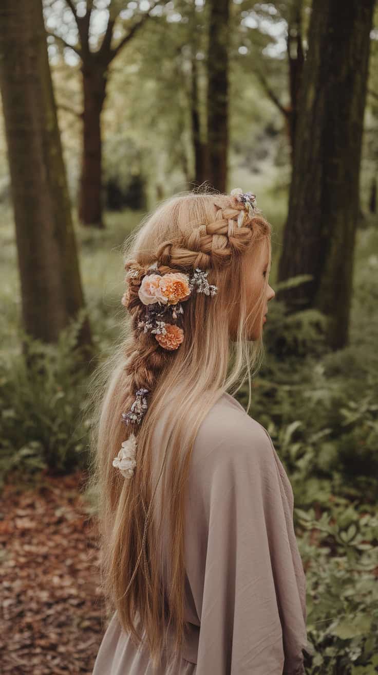A woman with a braided crown hairstyle adorned with flowers, set against a lush, green forest background.