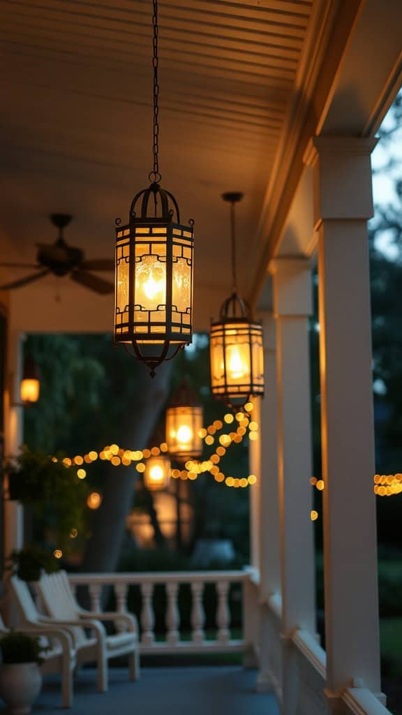 Charming lanterns and string lights on a front porch, creating a cozy atmosphere.