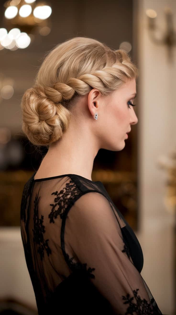 A woman with medium-length blonde hair styled in a classic French twist, wearing a black lace dress, showcasing elegance.