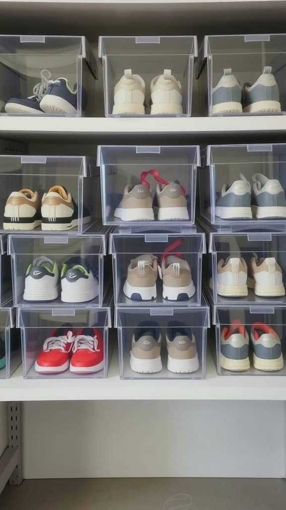 Clear plastic shoe boxes stacked neatly with sneakers visible inside