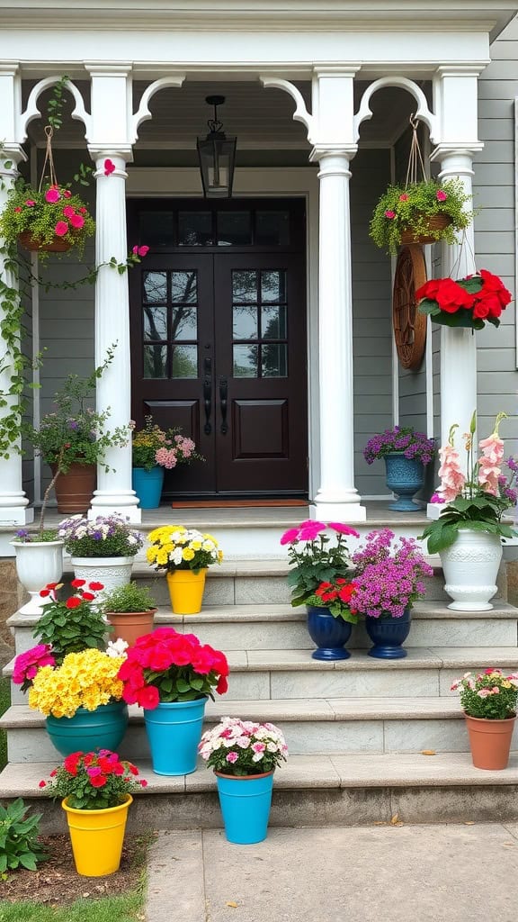 Colorful planters and containers filled with flowers on a spring front porch.