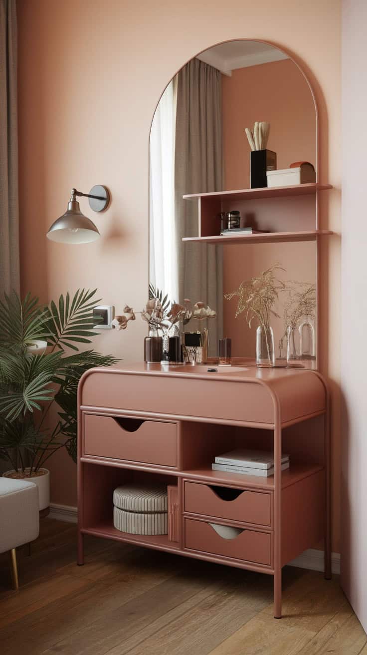 Compact vanity with a mirror, shelves, and plants in a cozy bedroom setting