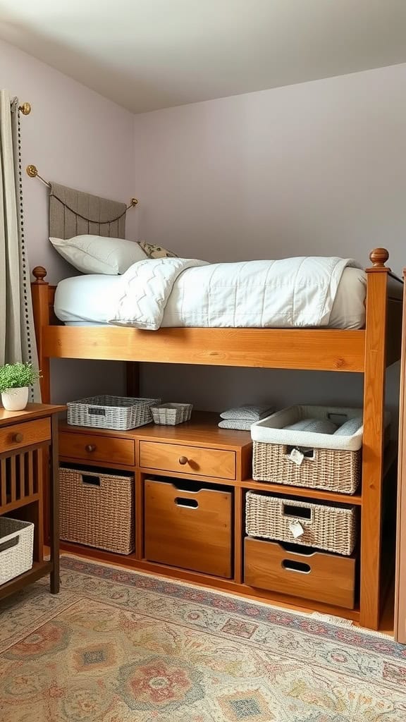 A loft bed with storage underneath, featuring woven baskets and wooden storage boxes