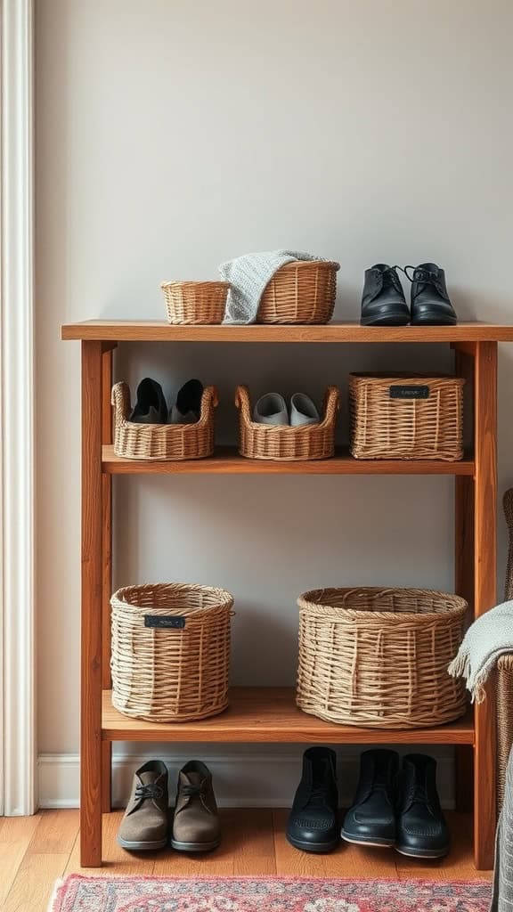 Wooden shelf with woven baskets and neatly arranged shoes