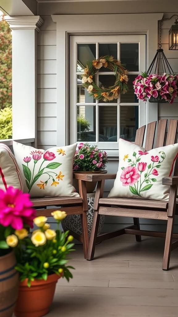 Cozy front porch with decorative pillows featuring floral designs on wooden chairs, surrounded by potted flowers and a wreath.