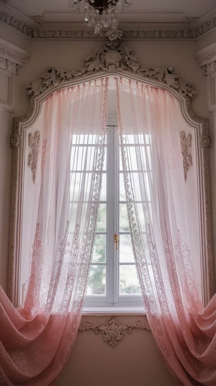A window with delicate pink lace curtains in a Rococo-style bedroom, featuring ornate molding.