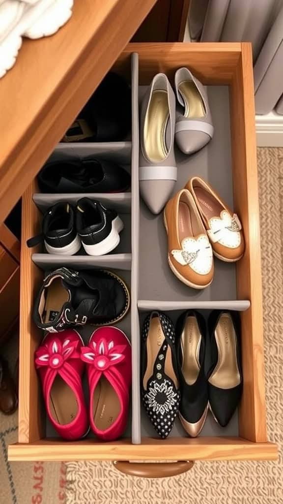 Drawer neatly divided for shoe storage with each pair in its own section
