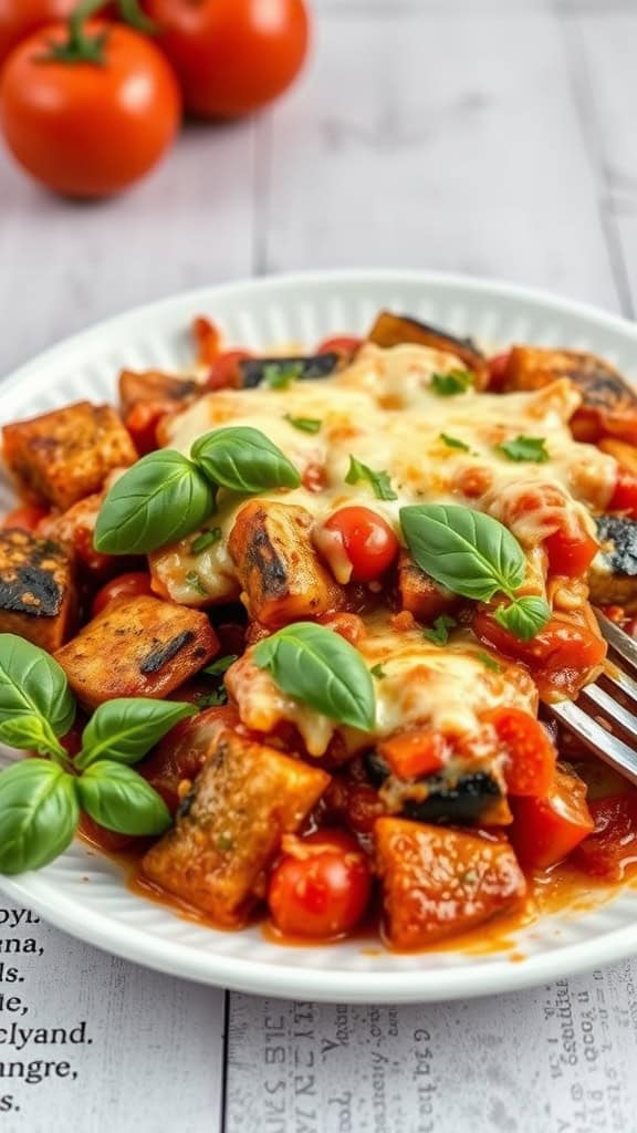 A dish of eggplant and tomato bake garnished with basil leaves.