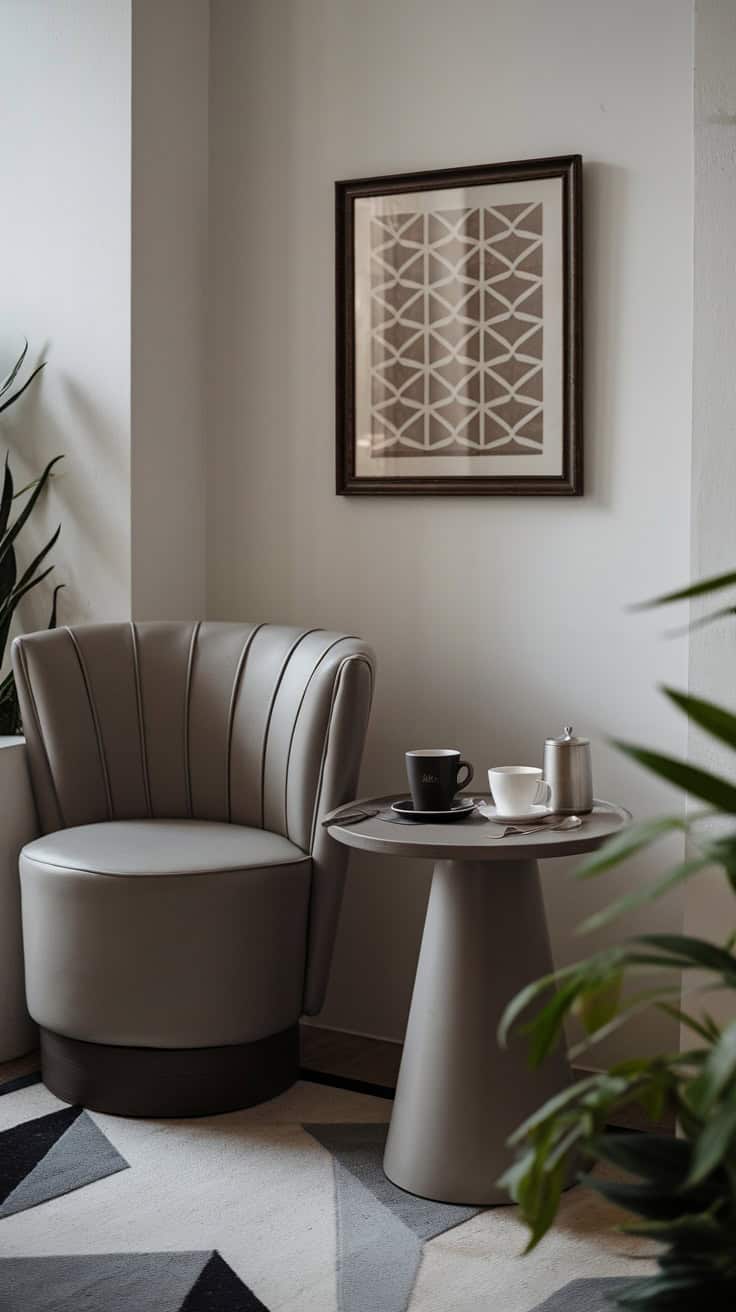 A cozy coffee corner featuring a modern chair, geometric wall art, and a simple table with coffee cups.