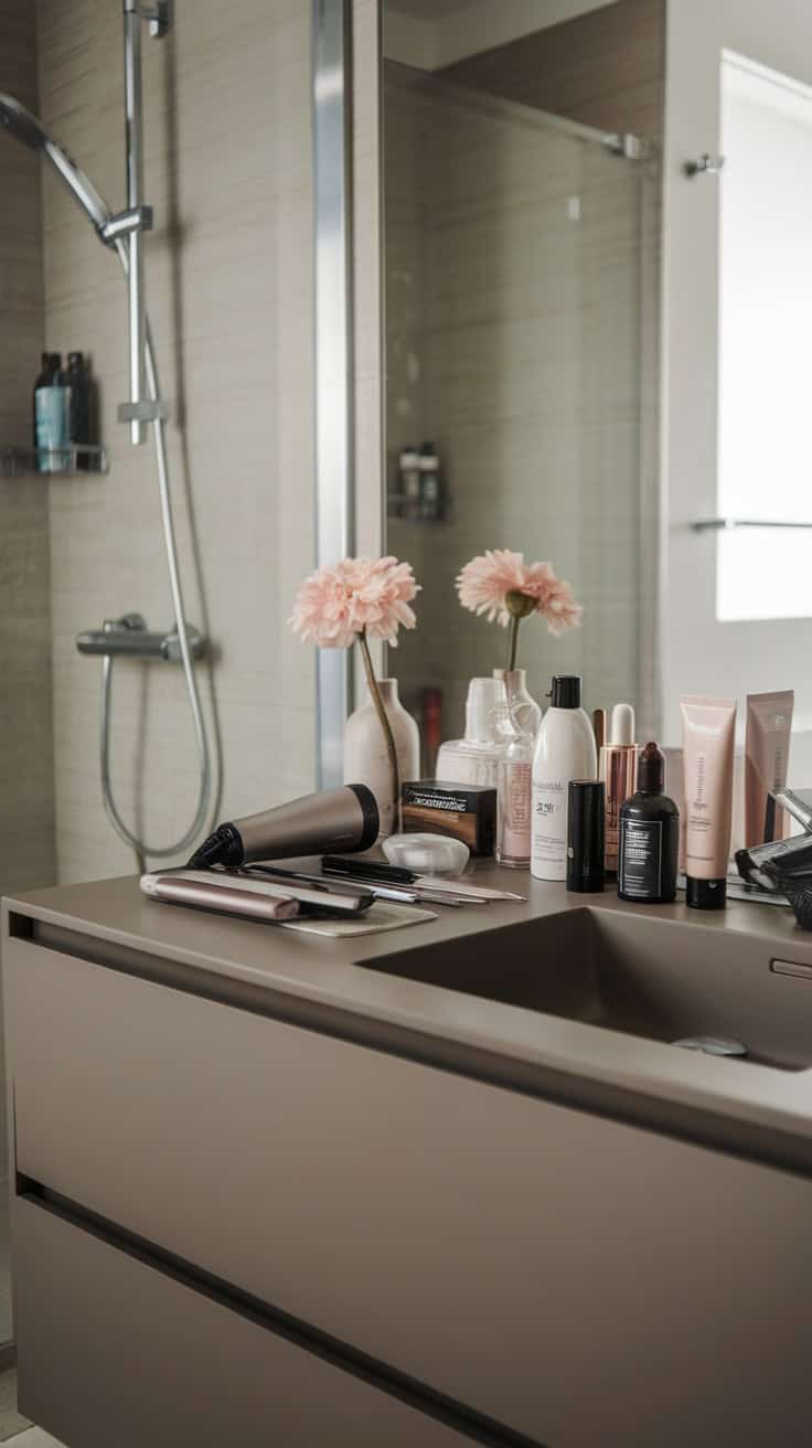 A stylish floating vanity with beauty products and flowers.