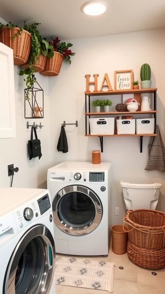 A stylish and organized tiny laundry room with wall-mounted plants, open shelves, and functional decor.