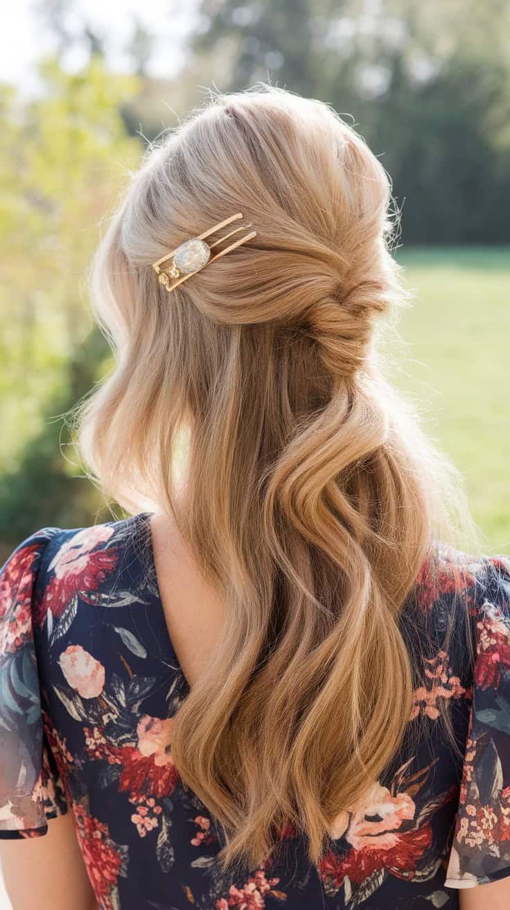 A woman with medium-length hair styled in a half-up twisted ponytail, adorned with a decorative hair clip.