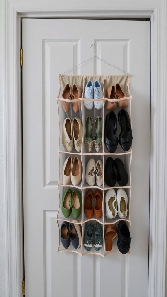 Hanging shoe organizer on a closet door filled with different shoes
