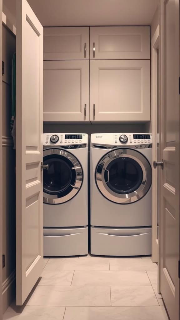 A compact laundry room with white cabinets and a washing machine and dryer hidden behind doors.