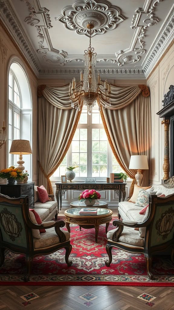 A rococo living room with ornate ceiling, elegant sofas, and a rich area rug