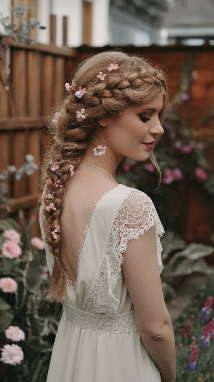 A side view of a woman with a low braid decorated with small pink flowers, wearing a light-colored dress.