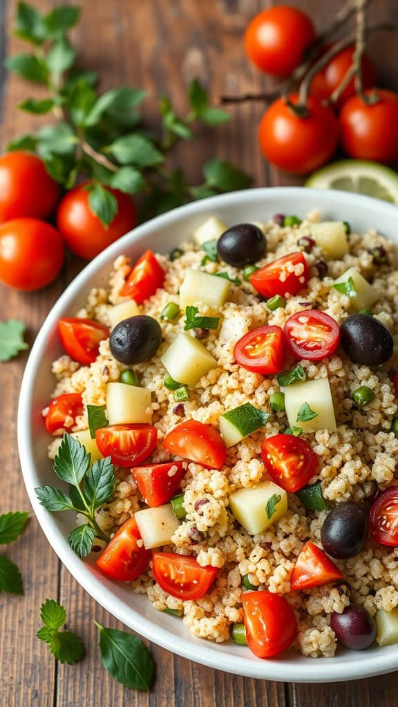 A colorful Mediterranean Quinoa Salad full of fresh vegetables.