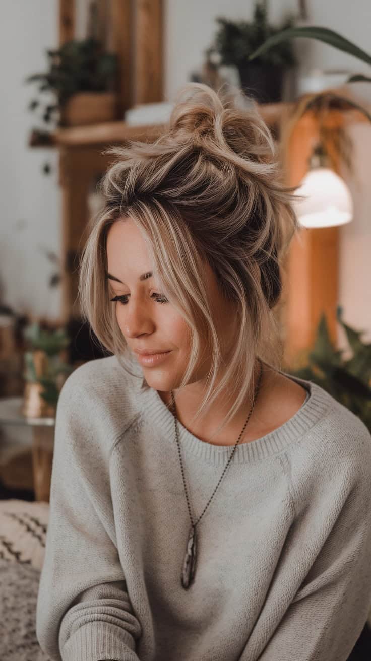 A woman with a messy bun hairstyle, showcasing loose strands, wearing a cozy sweater.