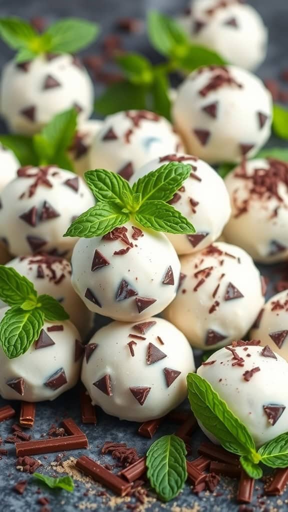 Mint chocolate chip fat bombs arranged with fresh mint leaves
