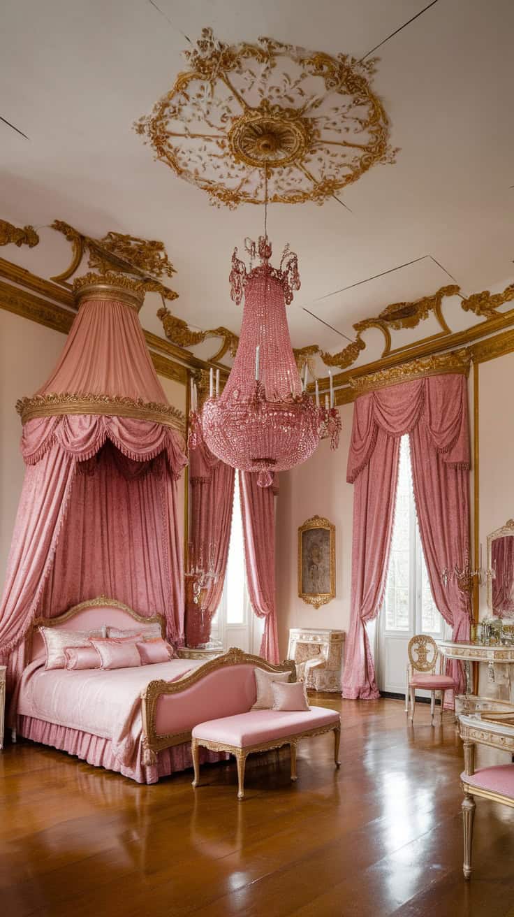 A rococo bedroom featuring an opulent pink chandelier, pink drapery, and elegant furnishings.