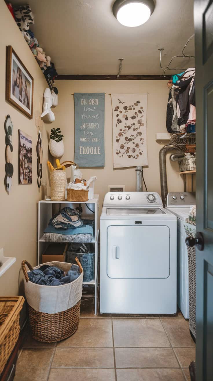 Cozy laundry room with personalized decor, including artwork, plants, and organized storage.