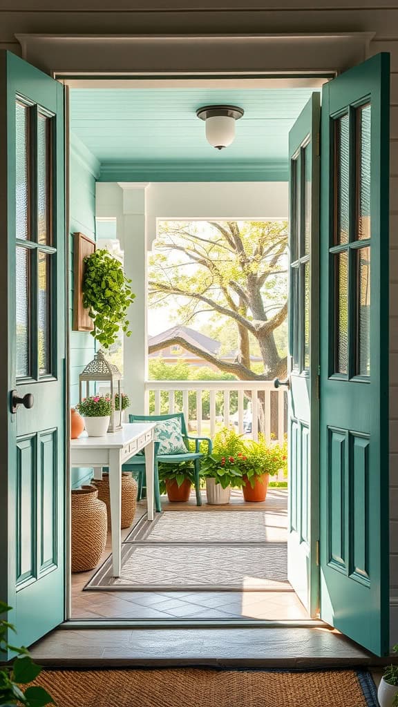 Open teal doors leading to a spring-themed porch with plants and a table.