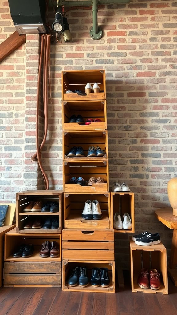 Stacked wooden crates used as rustic shoe storage and display