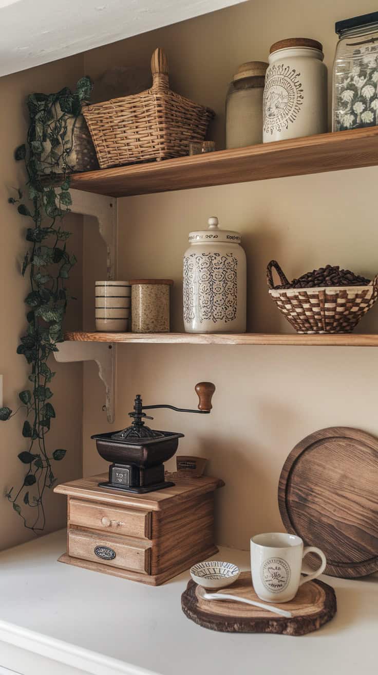A rustic coffee nook featuring wooden shelves, a vintage coffee grinder, and decorative jars