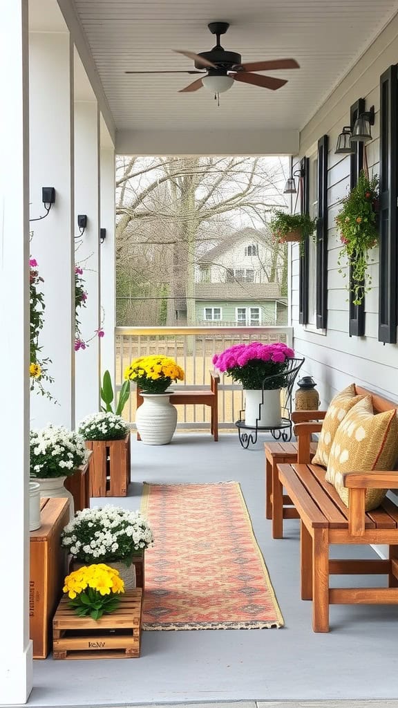 A cozy front porch with rustic wooden benches, planters, and colorful flowers.