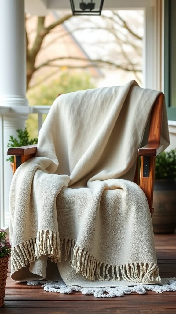 A cream-colored throw blanket draped over a wooden chair on a porch, surrounded by greenery.