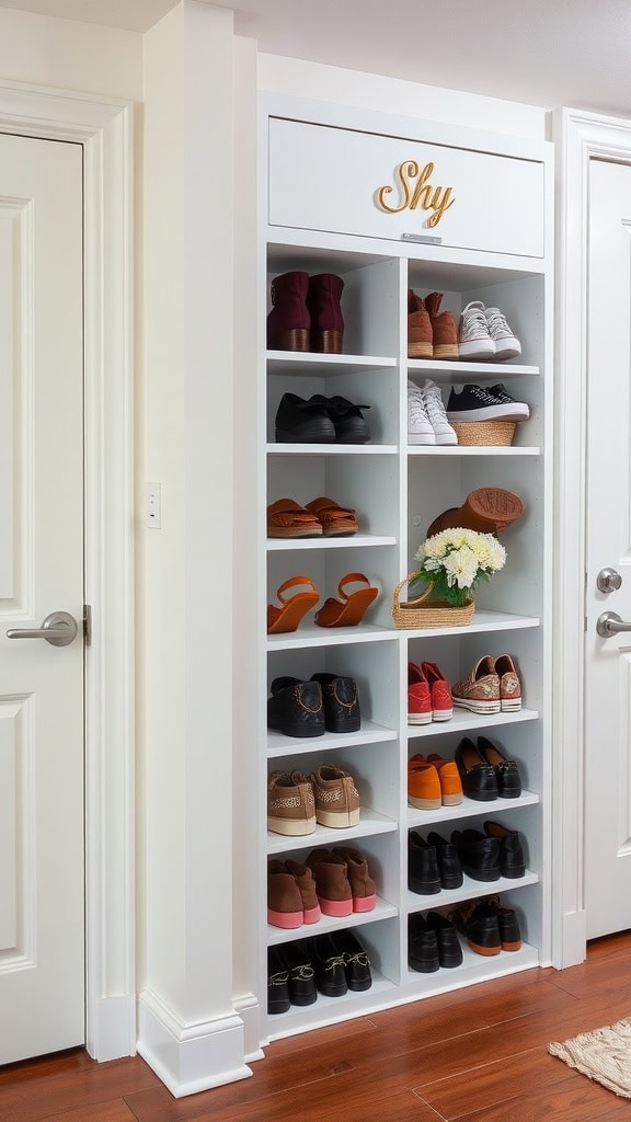 Built in entryway shoe shelf with neatly displayed footwear