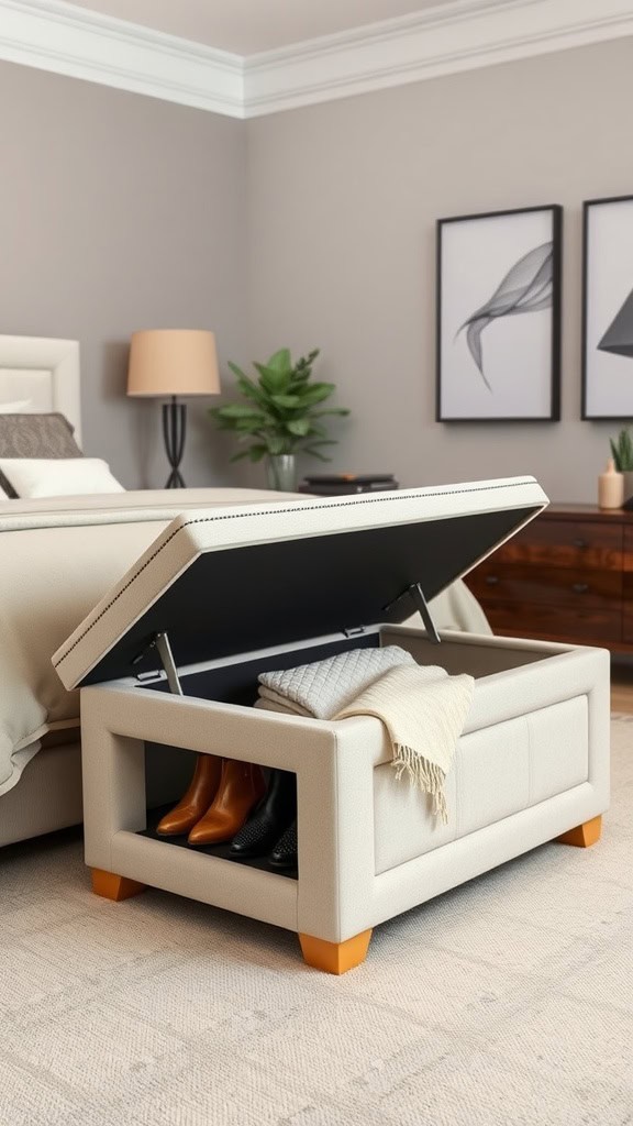 Storage ottoman with lid open showing shoes inside in a bedroom