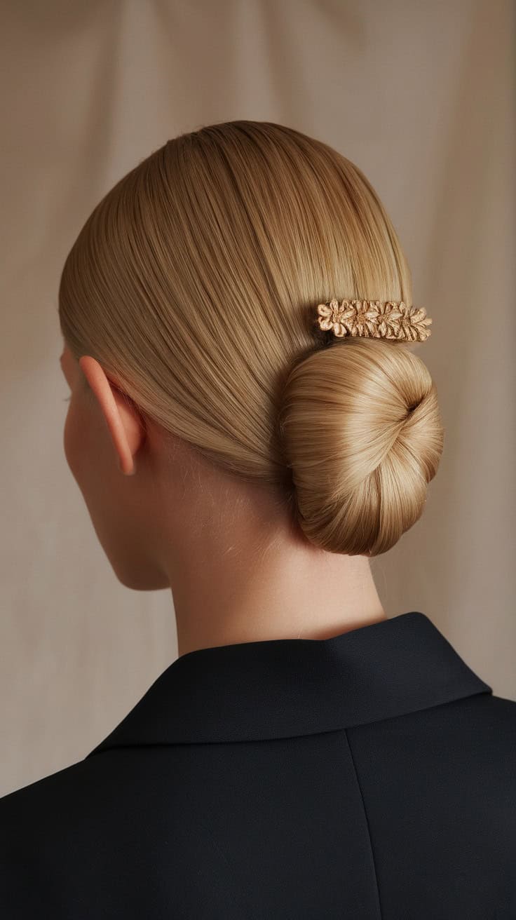A back view of a low chignon hairstyle adorned with a decorative clip.