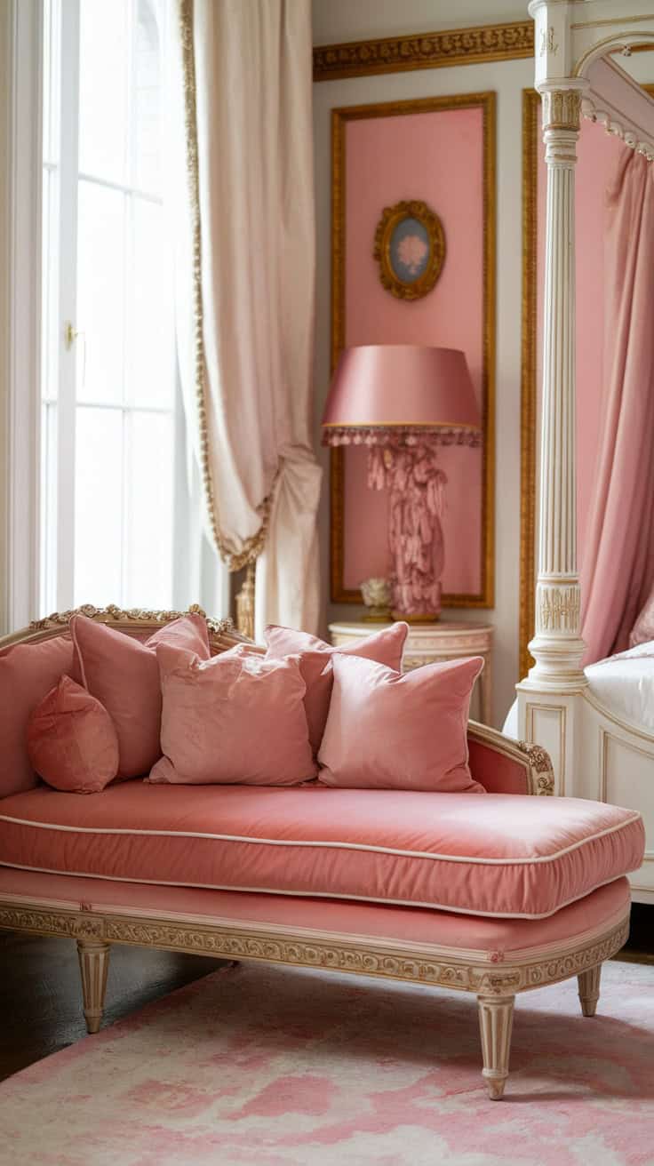 A beautifully decorated bedroom featuring a pink velvet couch with cushions, ornate decor, and soft lighting.