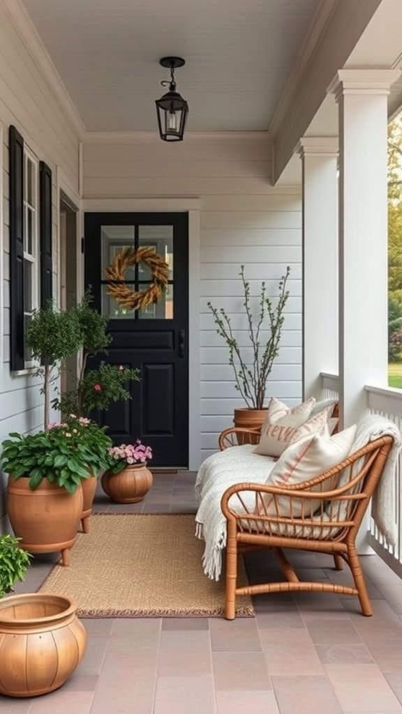 A spring front porch featuring stylish outdoor seating with rattan chairs, cushions, and plants.