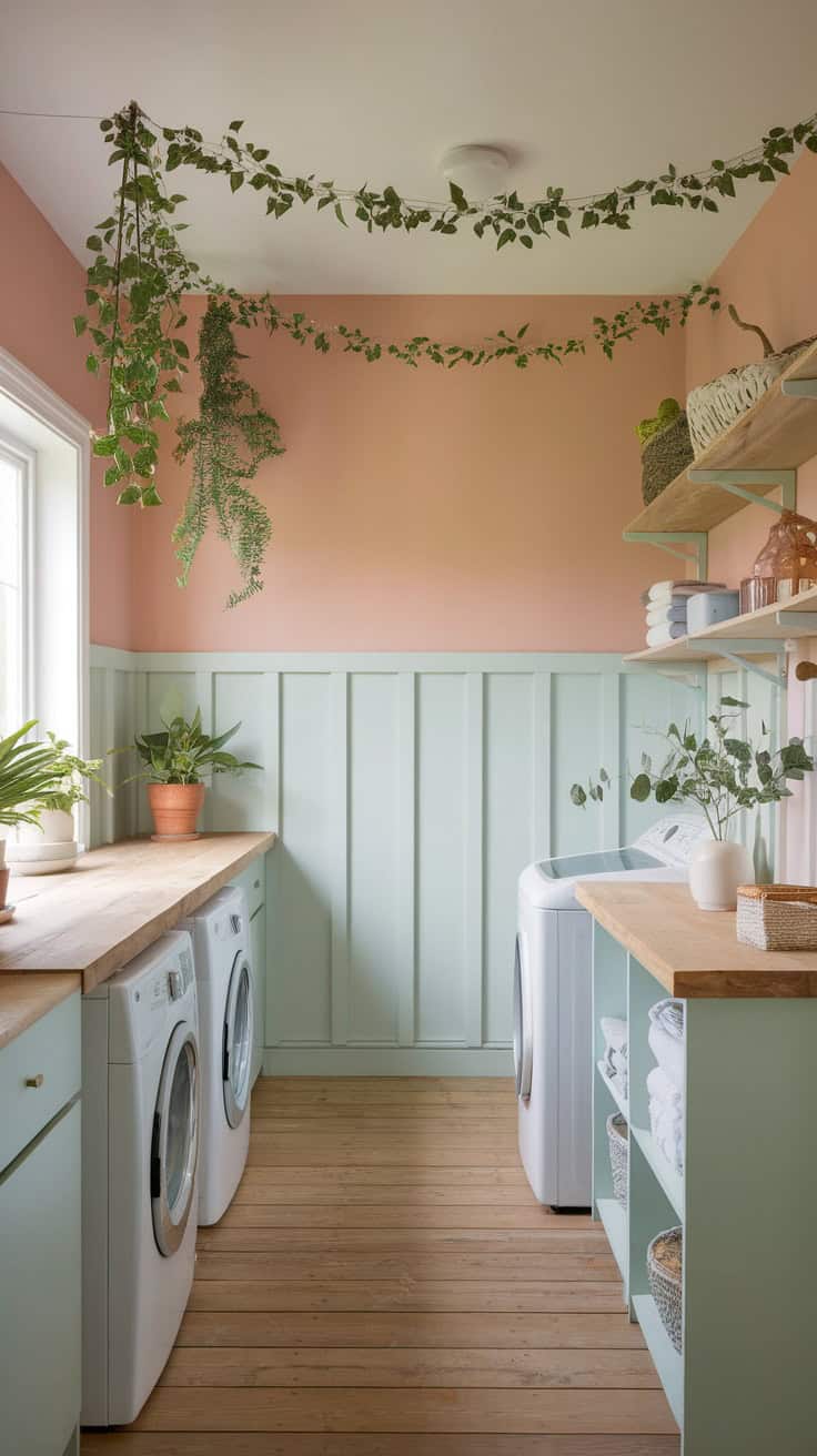 A modern farmhouse laundry room with pale green cabinetry, pink walls, and hanging plants.